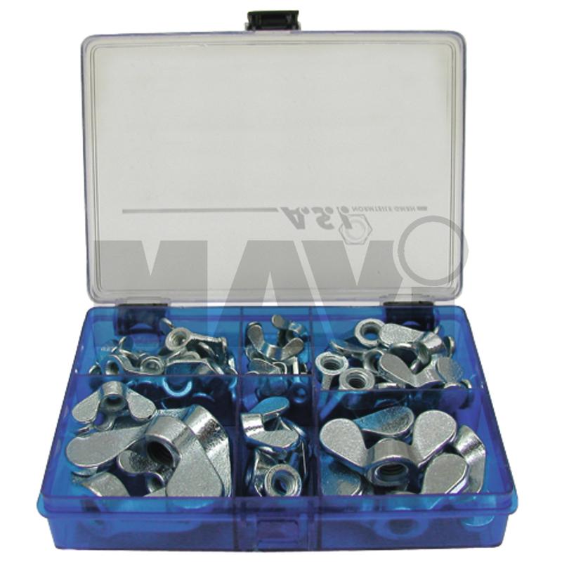 Piulite cu aripi Sortiment piulite 15 bucăți M5, 20 bucăți M6, 15 bucăți M8, 6 bucăți M10, 3 bucăți M12