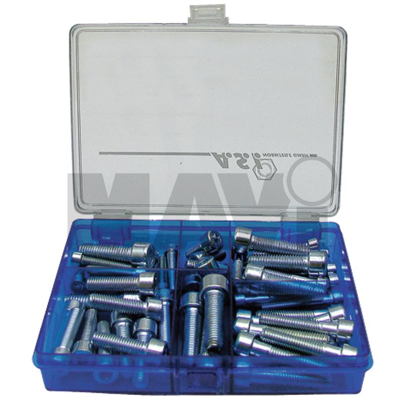 DIN 912 - ISO 4762 Sortiment suruburi cu locas hexagonal • 10 bucati M6 x 30 mm <br>• 10 bucati M6 x 40 mm <br>• 5 bucati M8 x 16 mm <br>• 10 bucati M8 x 30 mm <br>• 10 bucati M8 x 40 mm <br>• 8 bucati M10 x 35 mm