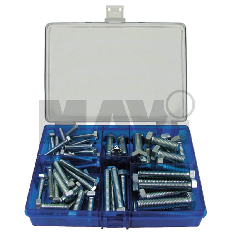 DIN 933 - ISO 4017 Sortiment suruburi hexagonale • 15 bucati M6 x 30 mm <br>• 10 bucati M6 x 40 mm <br>• 10 bucati M8 x 25 mm <br>• 6 bucati M8 x 50 mm <br>• 8 bucati M10 x 30 mm <br>• 4 bucati M10 x 50 mm