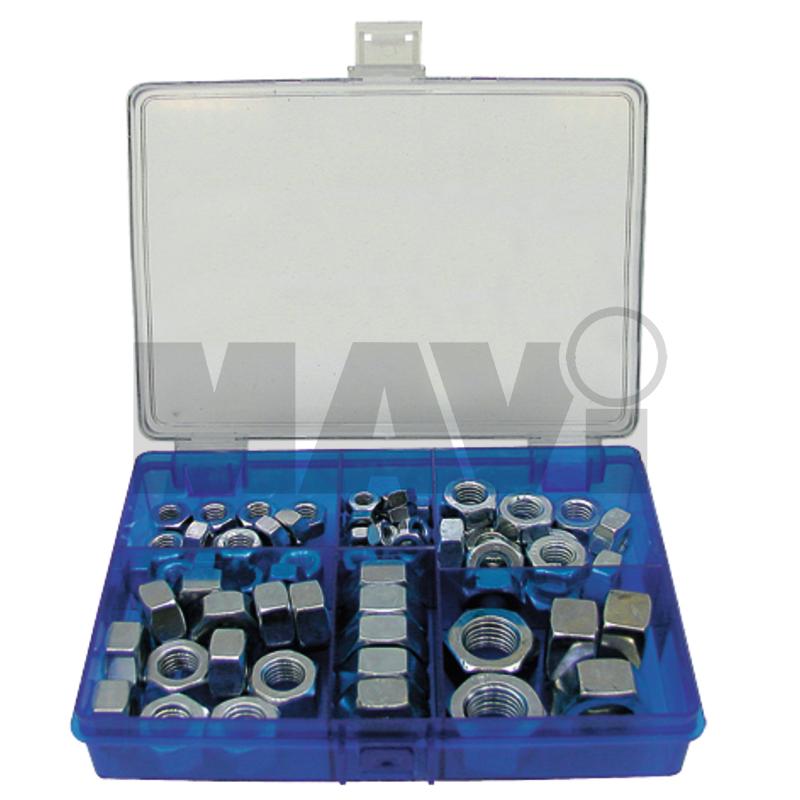 DIN 934 - ISO 4032 Sortiment piulițe hexagonale • 25 bucăți M6 <br>• 16 bucăți M8 <br>• 14 bucăți M10 <br>• 12 bucăți M12 <br>• 5 bucăți M14 <br>• 5 bucăți M16