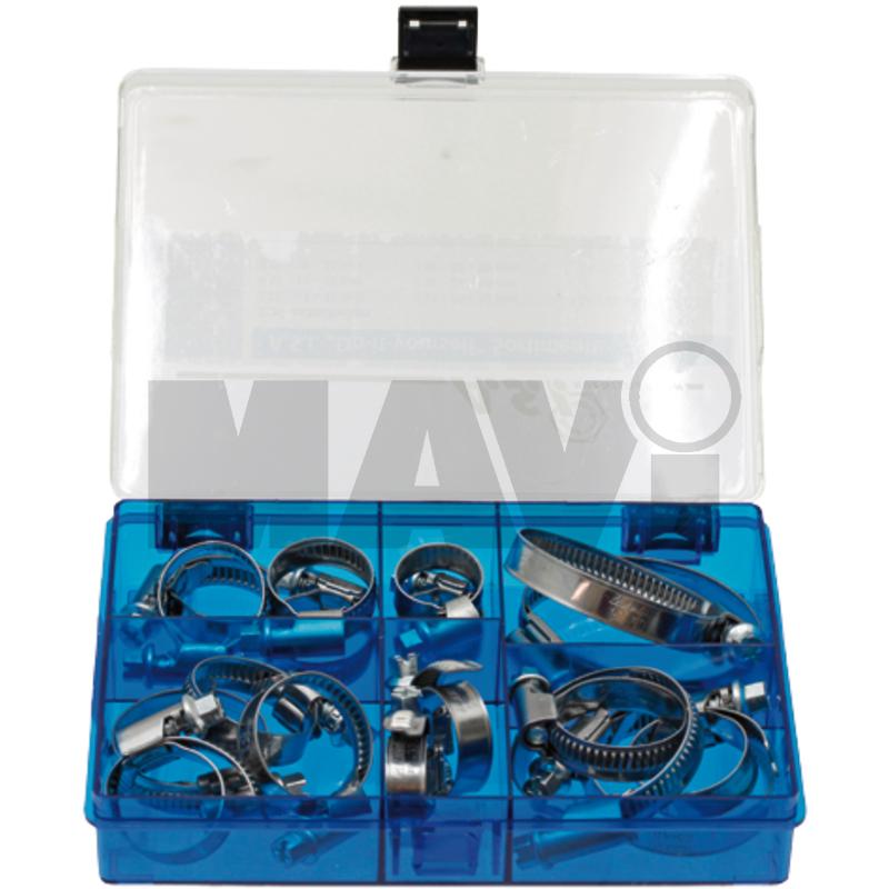 Sortiment bride pentru furtun V2A Sortiment bride furtun format din 18 piese <br> 2 buc., 8 - 16 mm <br> 4 buc., 12 - 20 mm <br> 3 buc., 16 - 25 mm <br> 5 buc., 20 - 32 mm <br> 2 buc., 25 - 40 mm <br> 1 buc., 32 - 50 mm <br> 1 buc., 40 - 60 mm