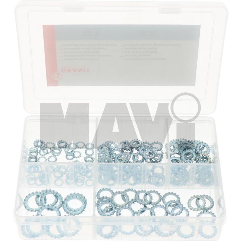 Sortiment discuri evazate DIN 6798-A Sortiment discuri evazate • 60 bucăți M6 <br>• 60 bucăți M8 <br>• 40 bucăți M10 <br>• 20 bucăți M12 <br>• 10 bucăți M14 <br>• 10 bucăți M16