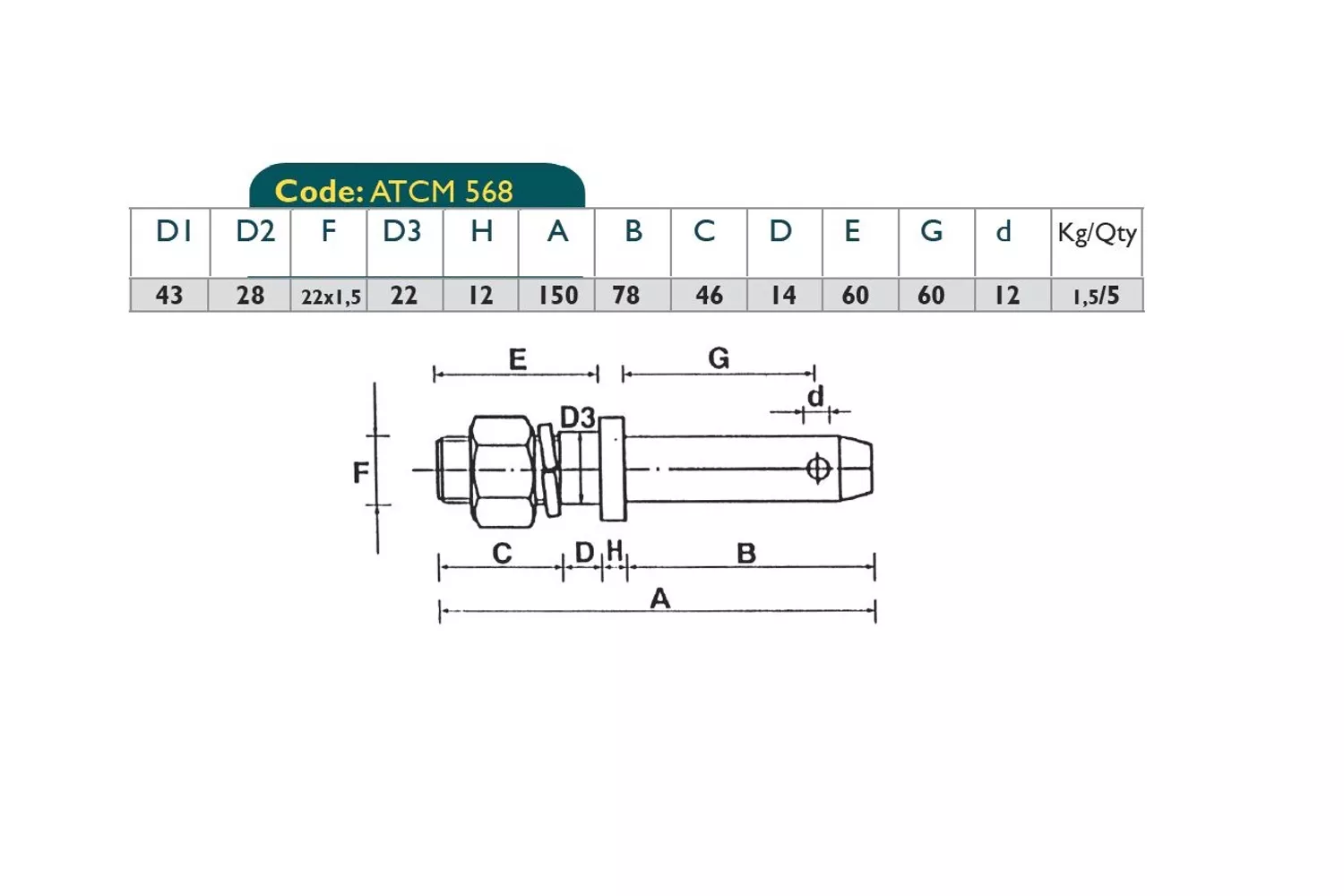 BOLT TIRANT LATERAL PIN28-22 THREAD22X1.5 # ATCM568