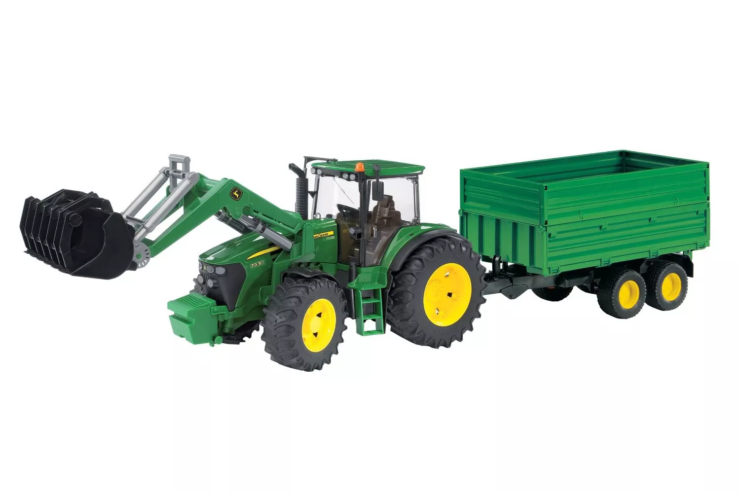 Jucarie Bruder, tractor John Deere 7930 cu incarcator frontal si remorca cu osii tandem, 1:16, 805x175x200 mm # 03055