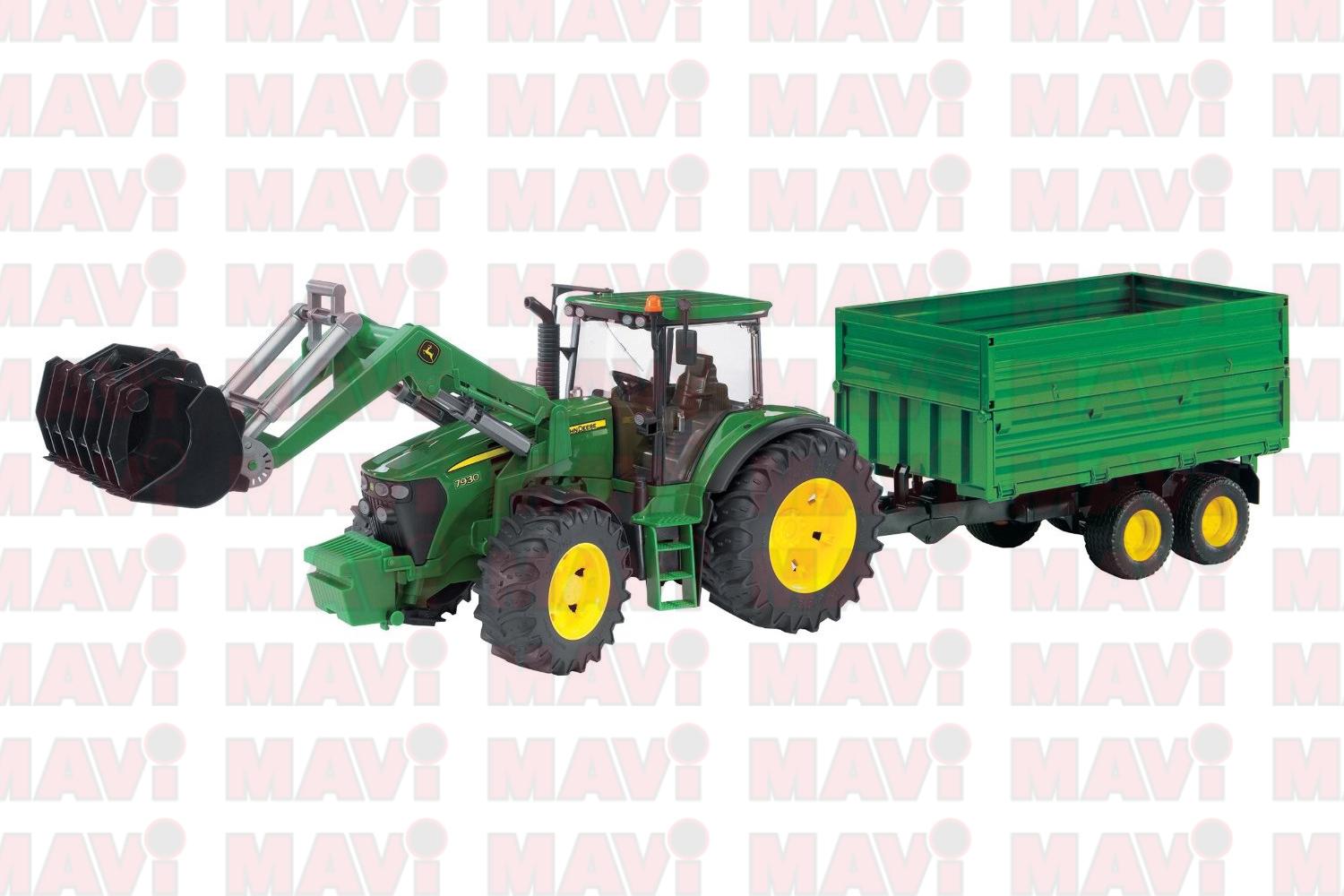 Jucarie Bruder, tractor John Deere 7930 cu incarcator frontal si remorca cu osii tandem, 1:16, 805x175x200 mm # 03055