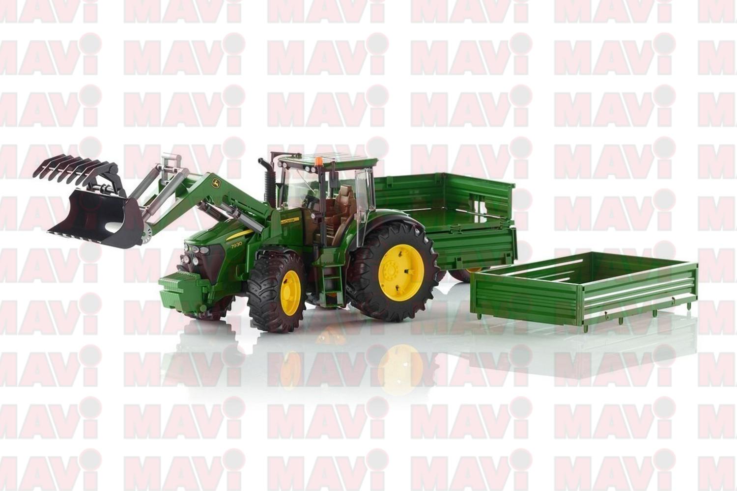 Jucarie Bruder, tractor John Deere 7930 cu incarcator frontal si remorca cu osii tandem, 1:16, 805x175x200 mm # 03055