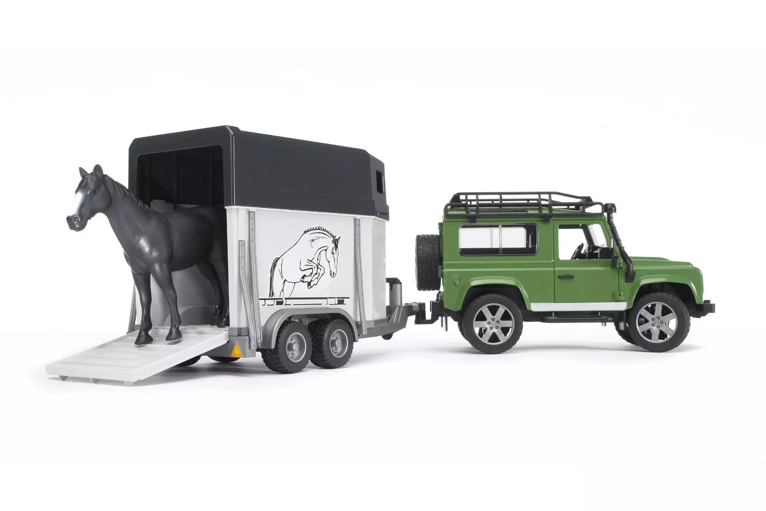 Jucarie Bruder, masina Land Rover Defender Station cu remorca pentru cai, 1:16, 615x140x185 mm # 02592