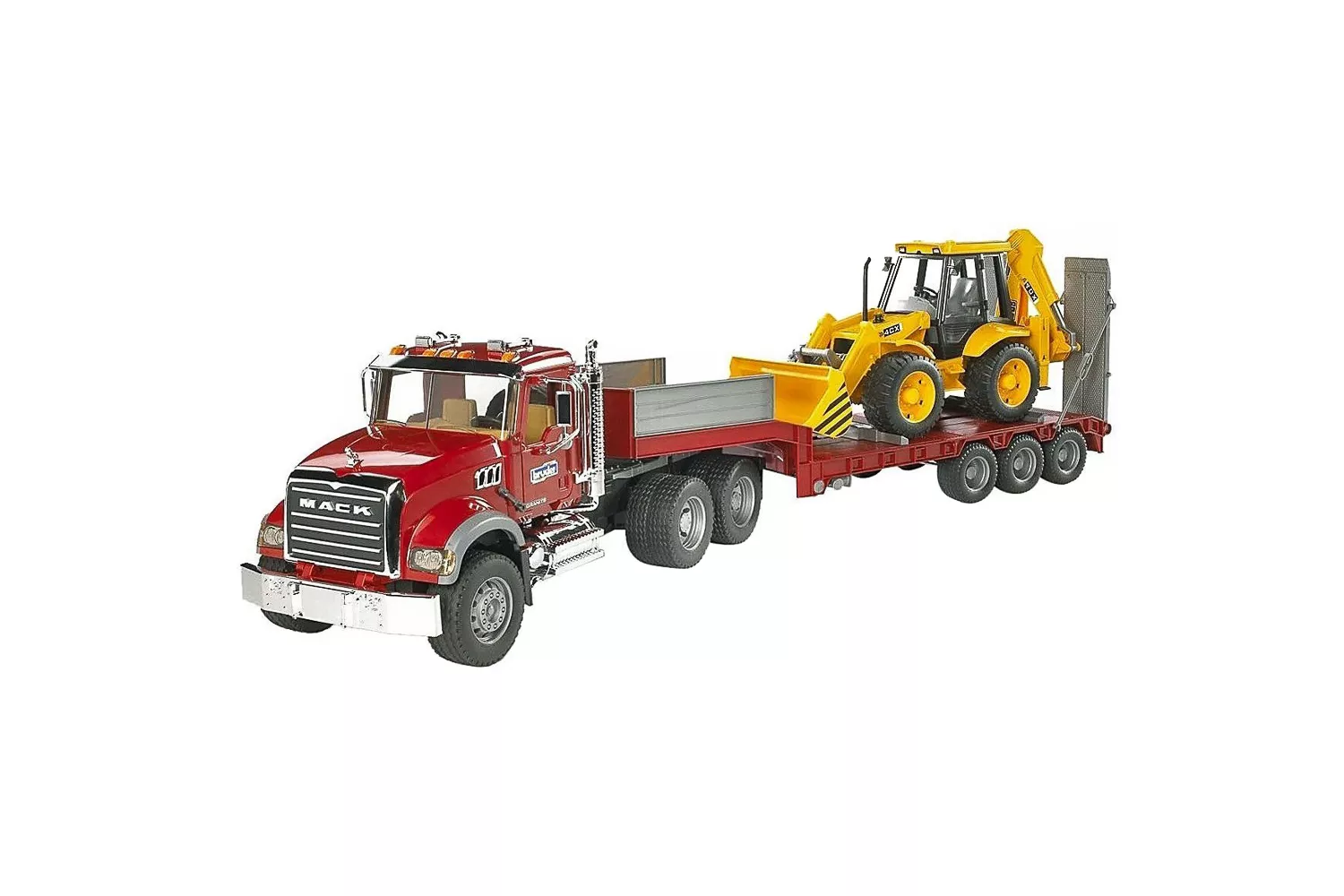 Jucarie Bruder, camion Mack cu platforma joasa si cu buldoexcavator Jcb 4Cx, 1:16, 935x198x264 mm # 02813