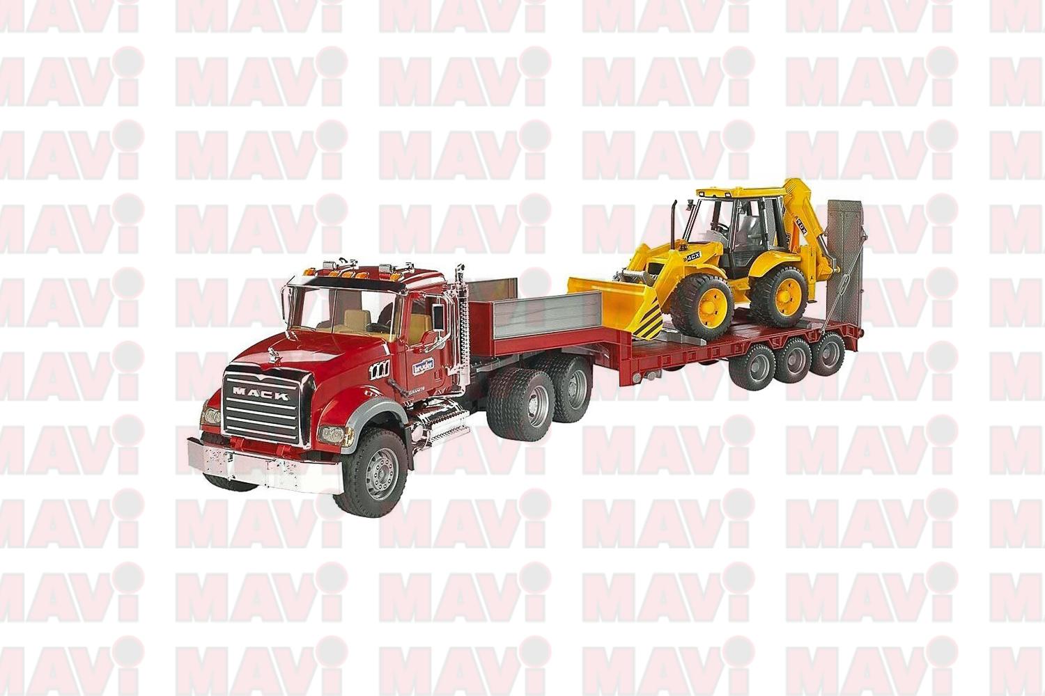 Jucarie Bruder, camion Mack cu platforma joasa si cu buldoexcavator Jcb 4Cx, 1:16, 935x198x264 mm # 02813