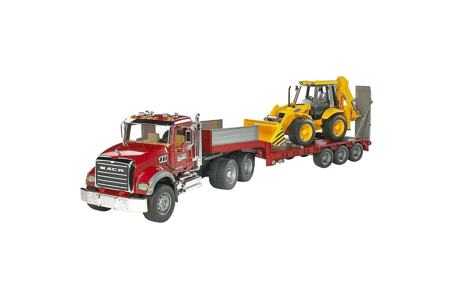 Jucarie Bruder, camion Mack cu platforma joasa si cu buldoexcavator Jcb 4Cx, 1:16, 935x198x264 mm # 02813