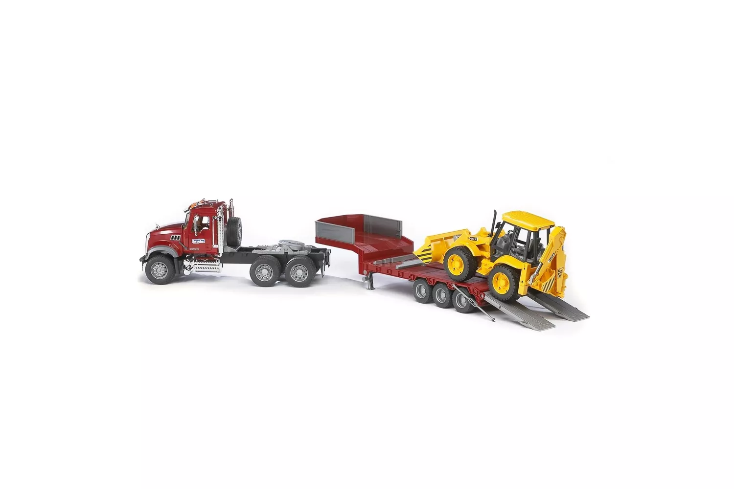 Jucarie Bruder, camion Mack cu platforma joasa si cu buldoexcavator Jcb 4Cx, 1:16, 935x198x264 mm # 02813