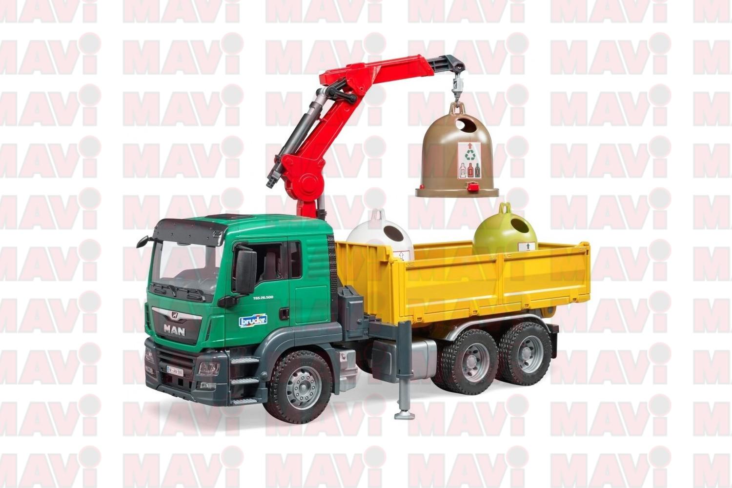 Jucarie Bruder, camion Man Tgs Krank cu 3 containere pentru deseuri, 1:16, 545x185x270 mm # 03753