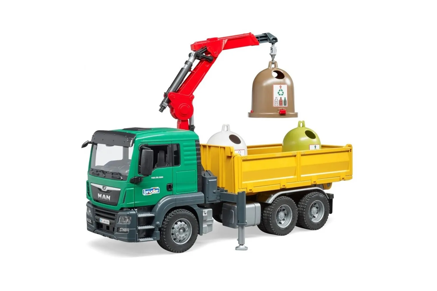 Jucarie Bruder, camion Man Tgs Krank cu 3 containere pentru deseuri, 1:16, 545x185x270 mm # 03753