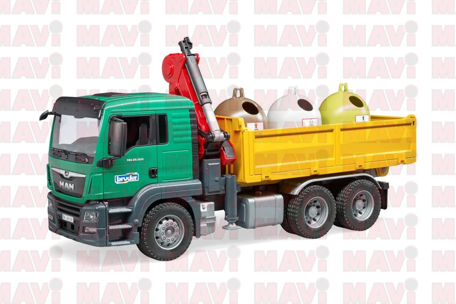 Jucarie Bruder, camion Man Tgs Krank cu 3 containere pentru deseuri, 1:16, 545x185x270 mm # 03753