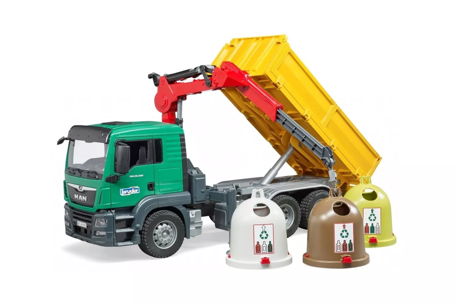 Jucarie Bruder, camion Man Tgs Krank cu 3 containere pentru deseuri, 1:16, 545x185x270 mm # 03753