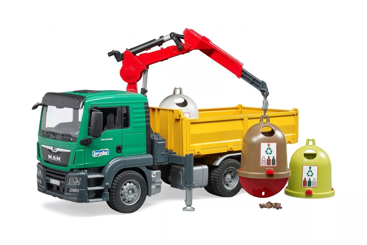 Jucarie Bruder, camion Man Tgs Krank cu 3 containere pentru deseuri, 1:16, 545x185x270 mm # 03753