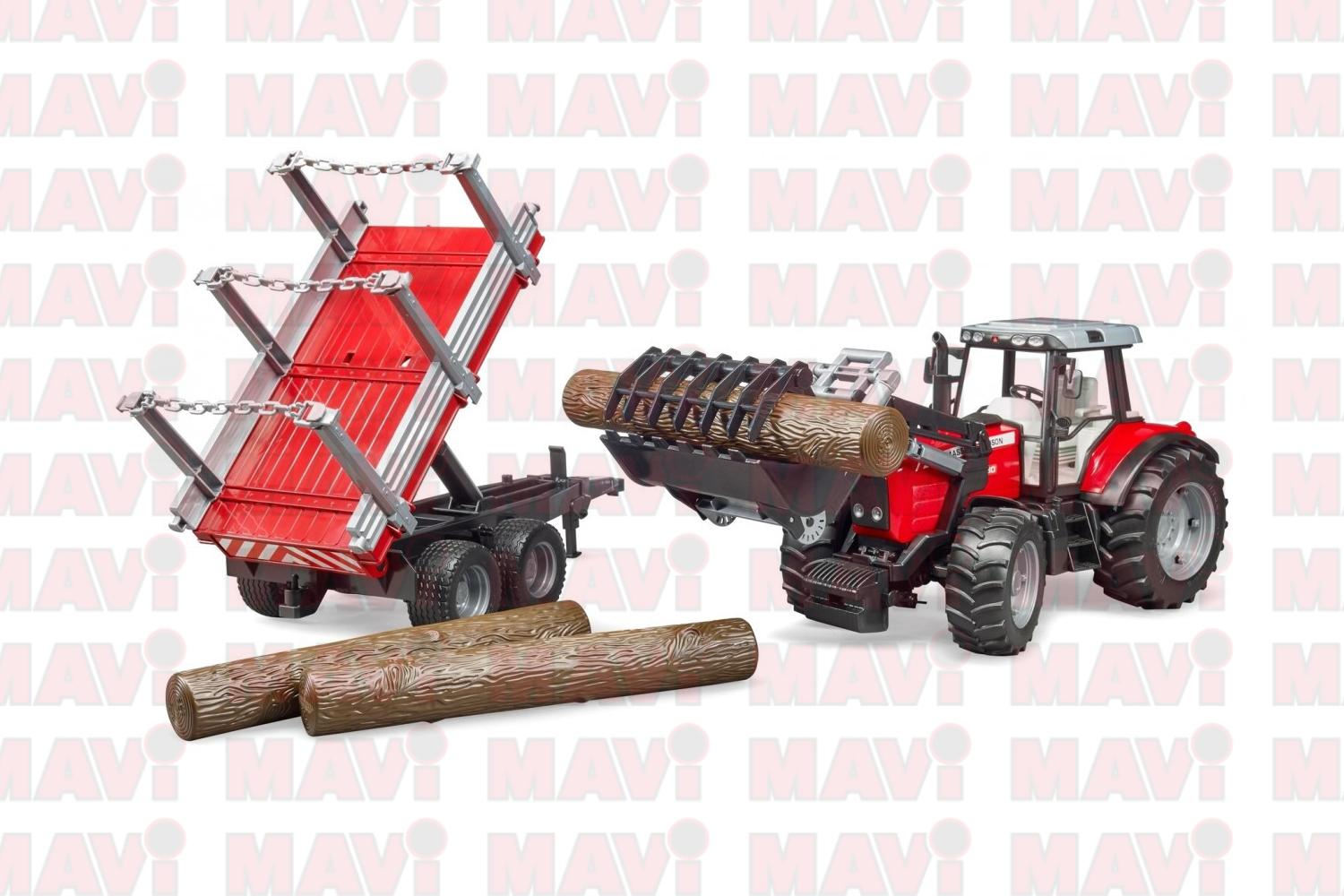 Jucarie Bruder, tractor Massey Ferguson cu incarcator frontal si remorca forestiera, 1:16, 765x165x175 mm # 02046