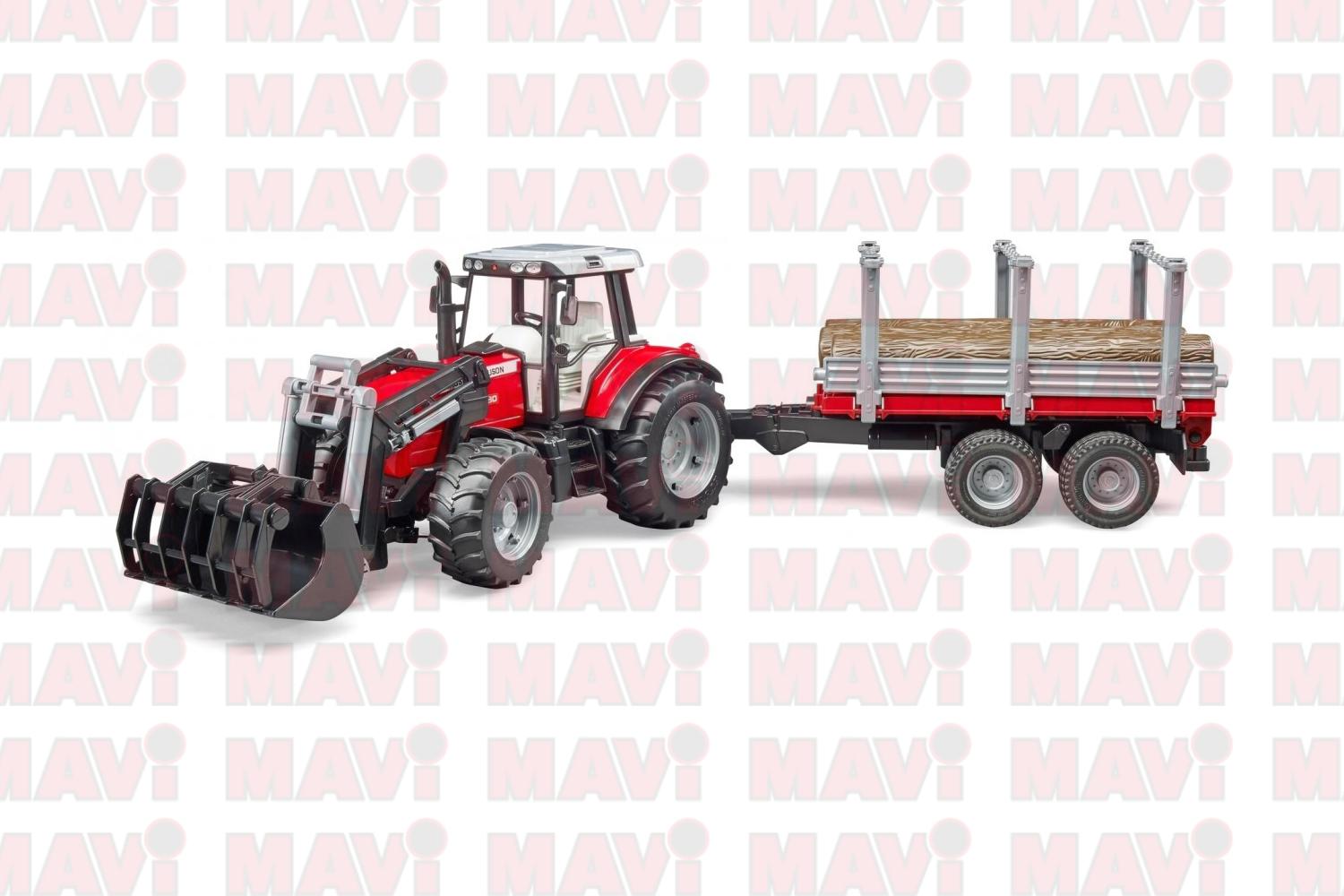 Jucarie Bruder, tractor Massey Ferguson cu incarcator frontal si remorca forestiera, 1:16, 765x165x175 mm # 02046