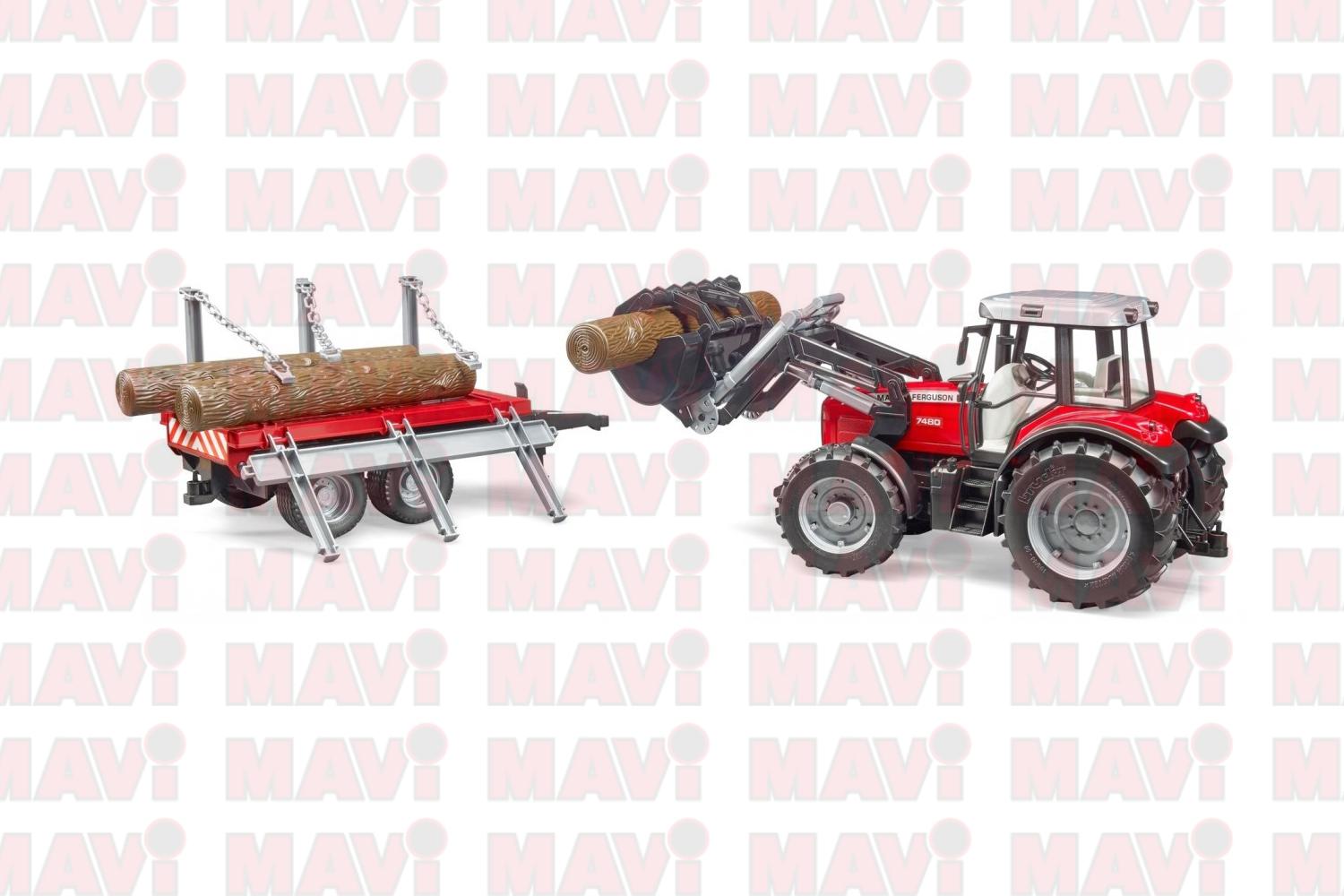 Jucarie Bruder, tractor Massey Ferguson cu incarcator frontal si remorca forestiera, 1:16, 765x165x175 mm # 02046