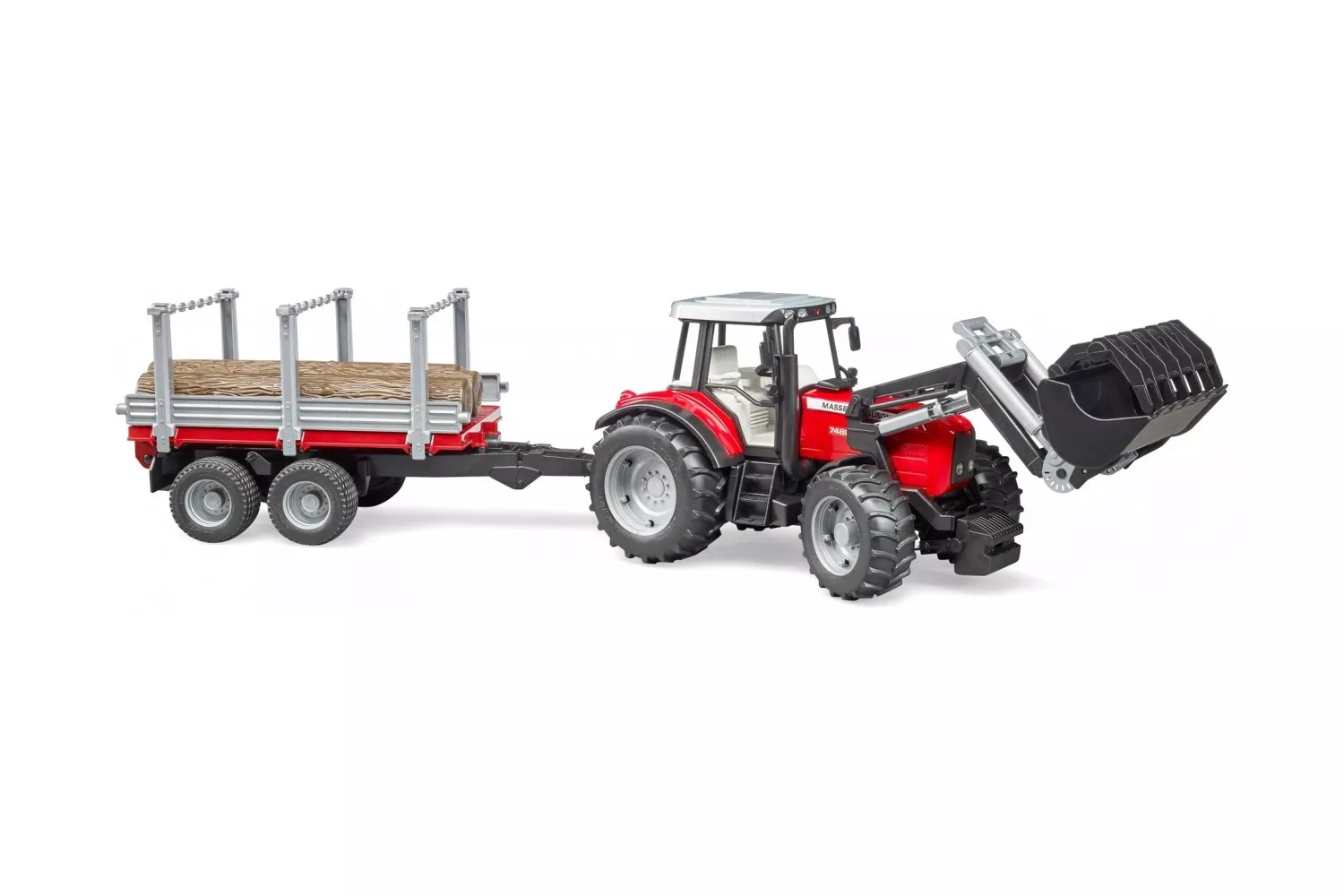 Jucarie Bruder, tractor Massey Ferguson cu incarcator frontal si remorca forestiera, 1:16, 765x165x175 mm # 02046