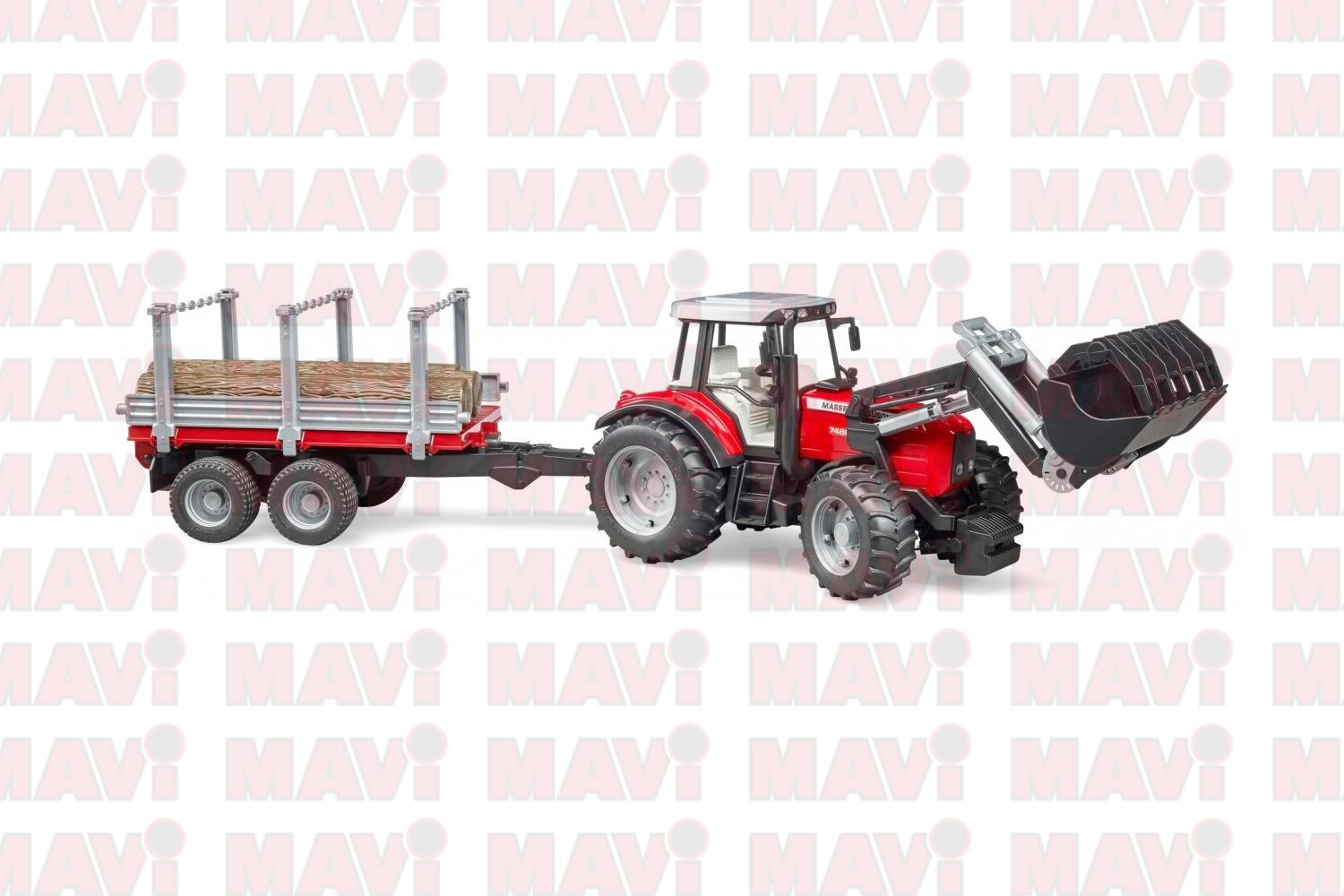 Jucarie Bruder, tractor Massey Ferguson cu incarcator frontal si remorca forestiera, 1:16, 765x165x175 mm # 02046