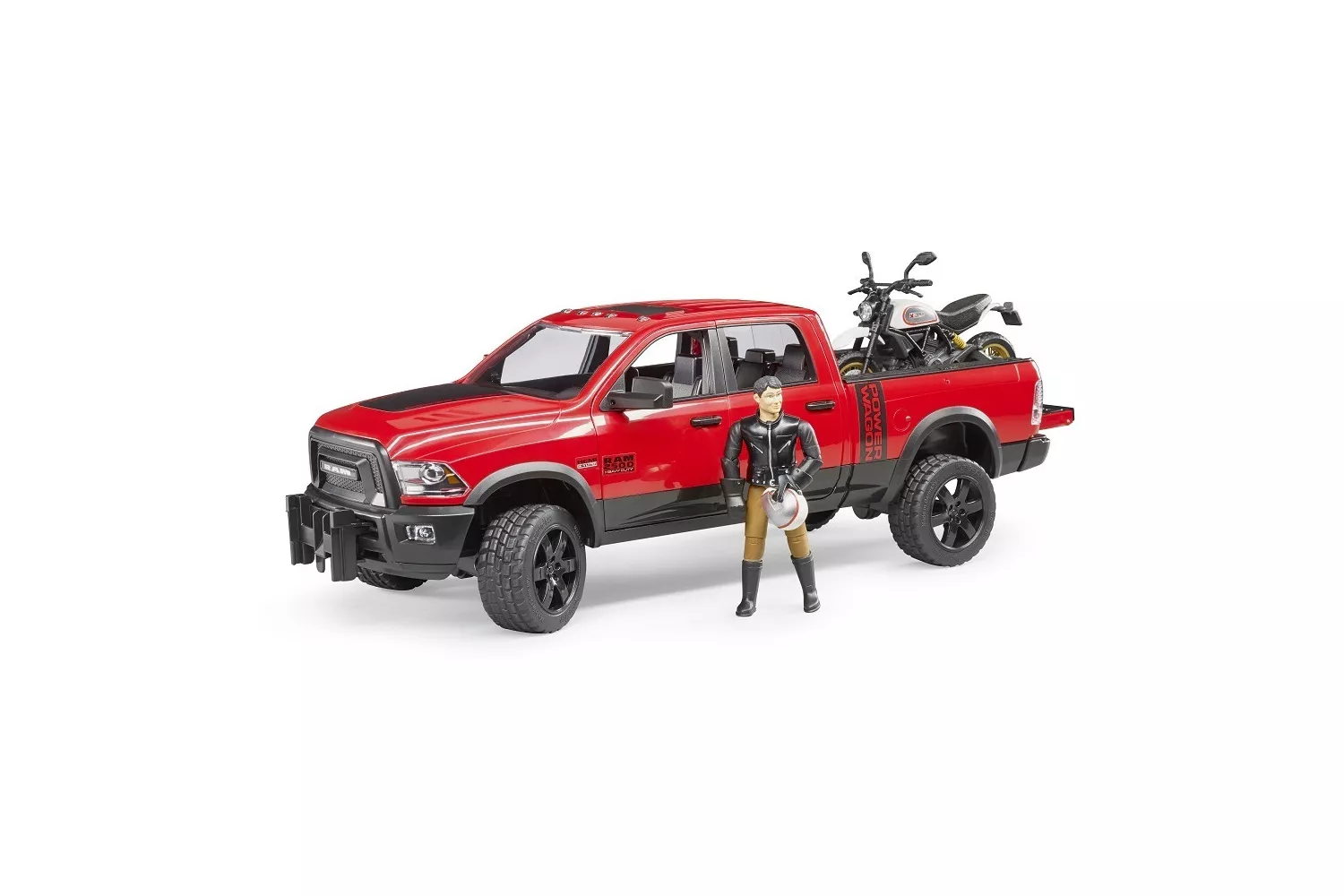 Jucarie Bruder, pickup Ram 2500 Power Wagon cu Scrambler Ducati Desert Sled si sofer, 1:16, 400x170x150 mm # 02502