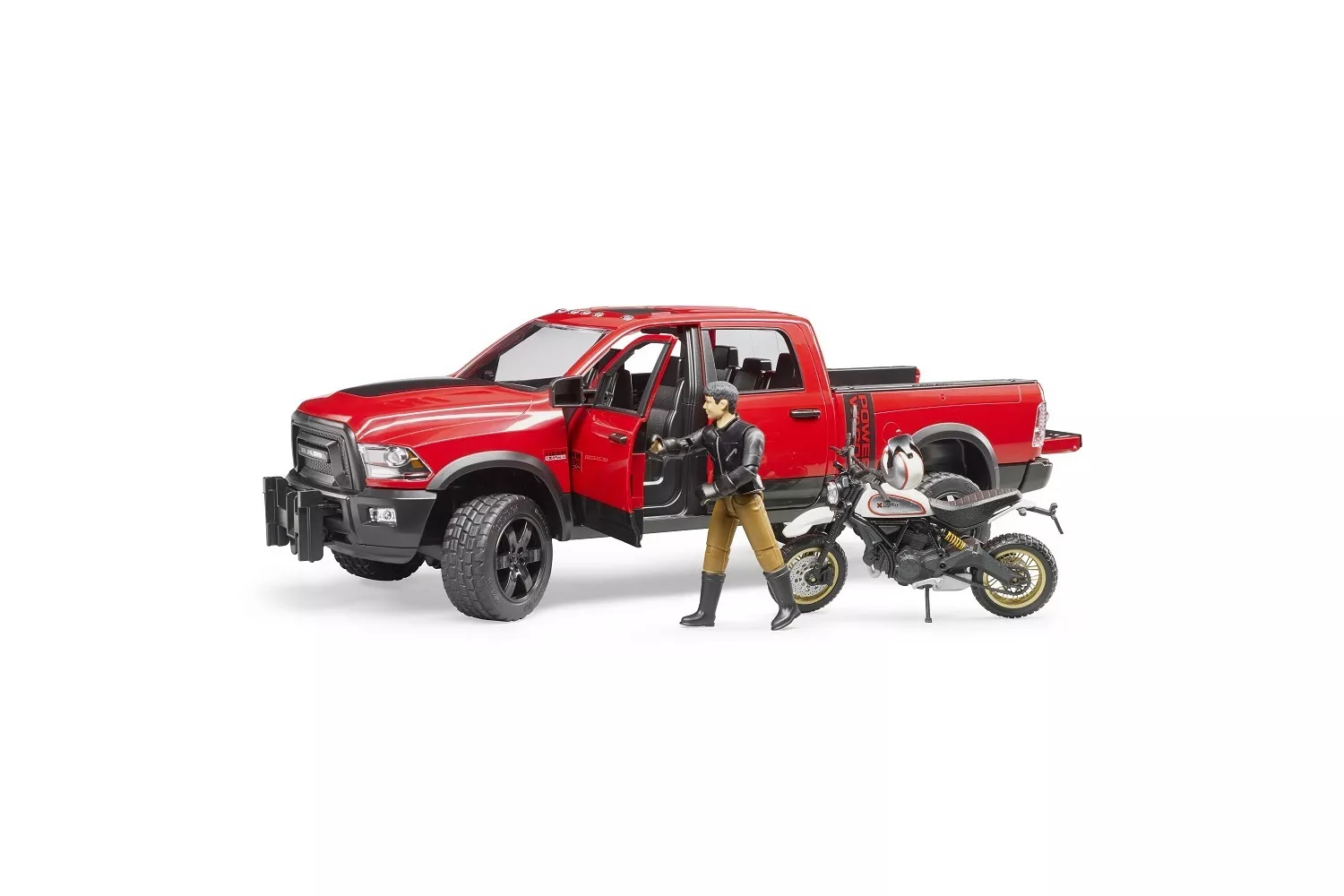 Jucarie Bruder, pickup Ram 2500 Power Wagon cu Scrambler Ducati Desert Sled si sofer, 1:16, 400x170x150 mm # 02502