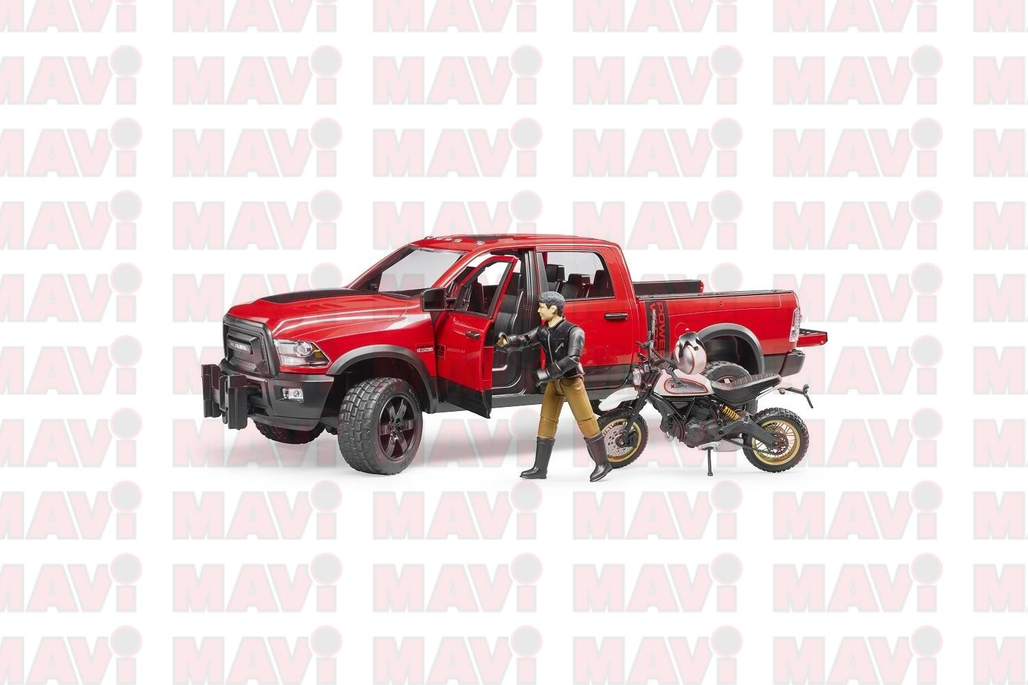 Jucarie Bruder, pickup Ram 2500 Power Wagon cu Scrambler Ducati Desert Sled si sofer, 1:16, 400x170x150 mm # 02502