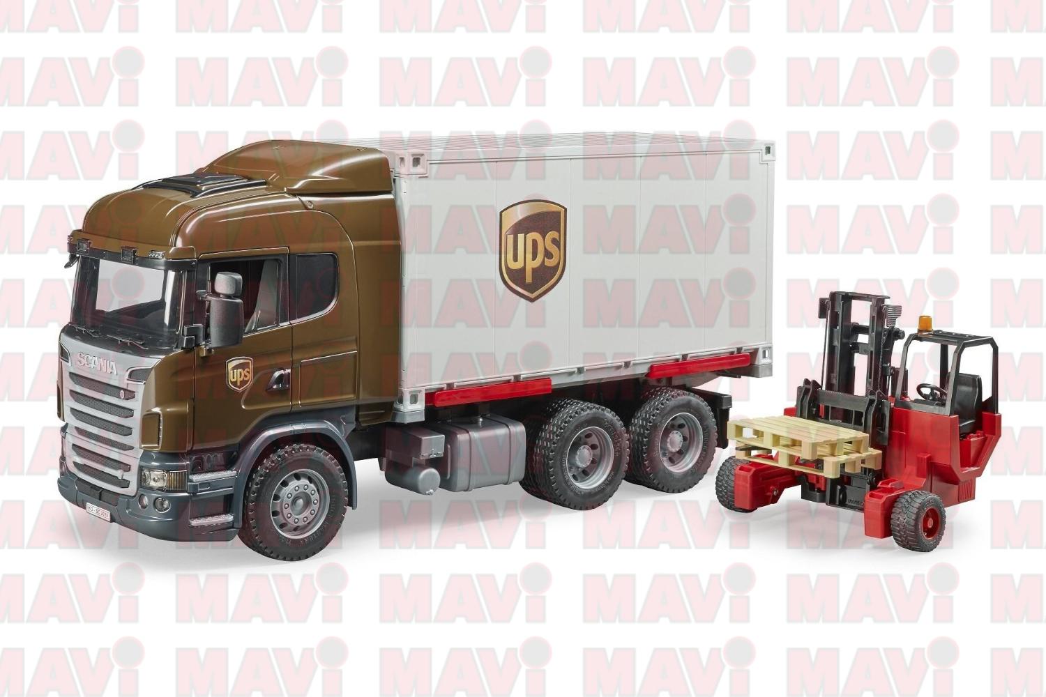 Jucarie Bruder, camion scania Ups cu container si stivuitor portabil, 1:16, 520x185x265 mm # 03581