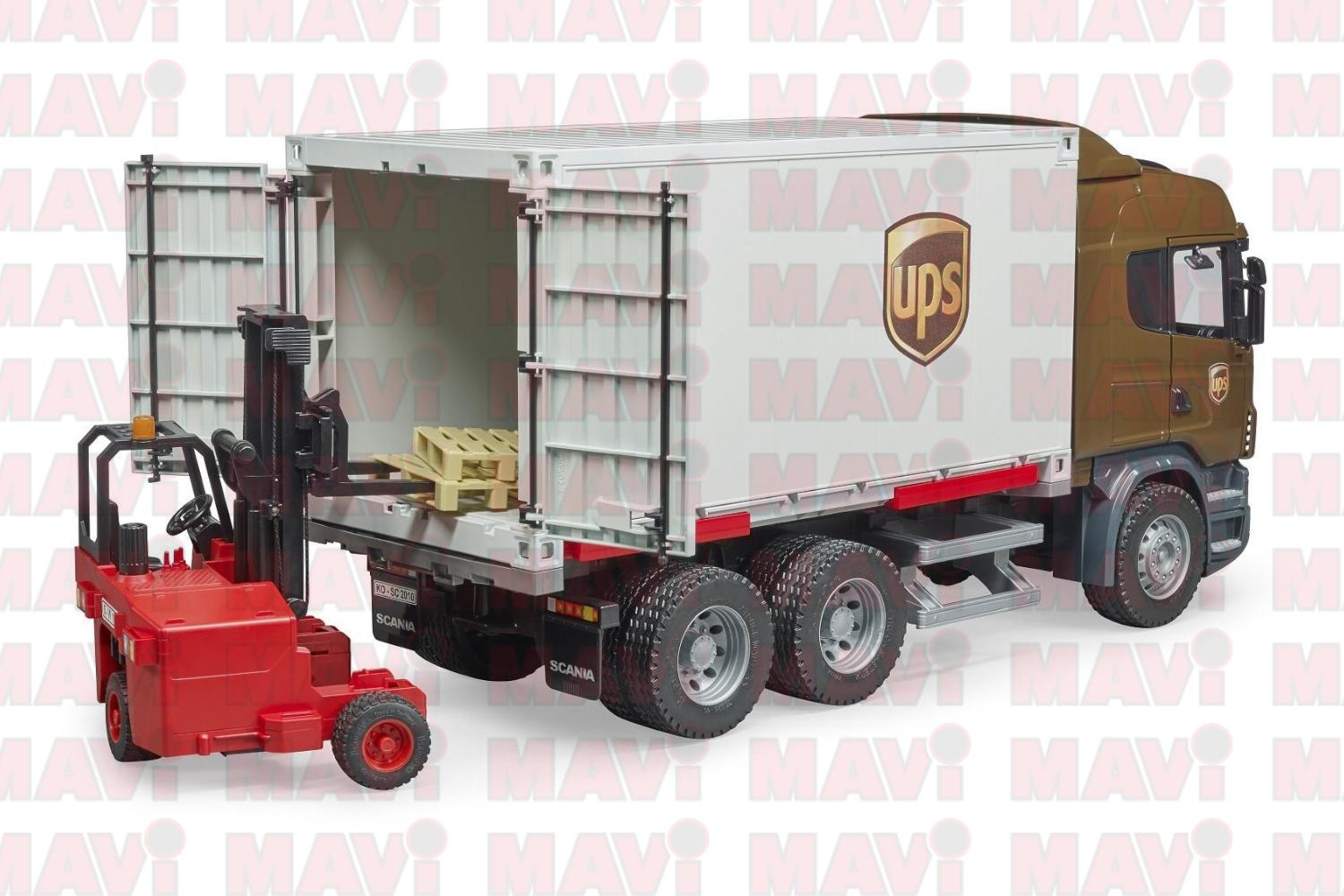 Jucarie Bruder, camion scania Ups cu container si stivuitor portabil, 1:16, 520x185x265 mm # 03581