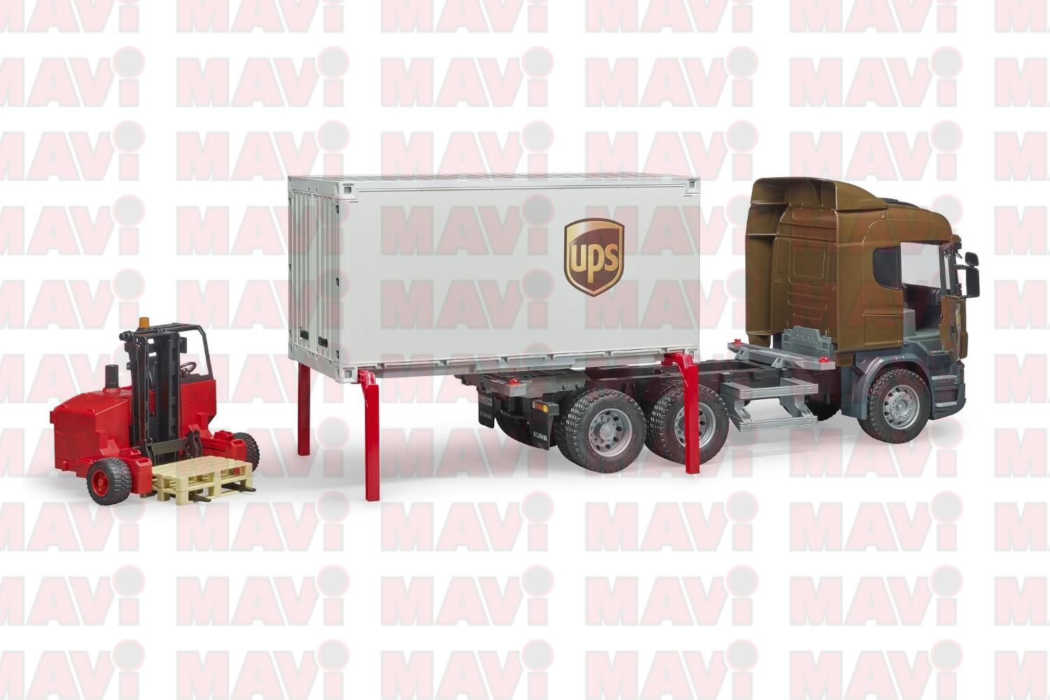 Jucarie Bruder, camion scania Ups cu container si stivuitor portabil, 1:16, 520x185x265 mm # 03581