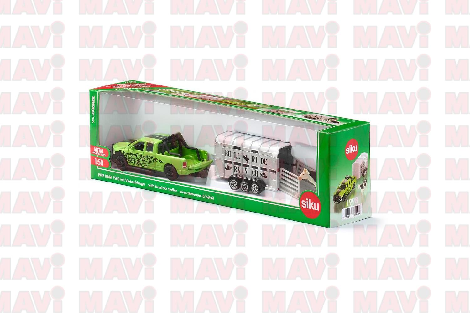 Jucarie Siku, masina Dodge Ram 1500 cu remorca pentru animale, 1:50, 233x54x52 mm # 1998