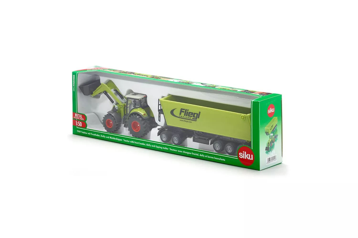Jucarie Siku, tractor cu incarcator frontal si remorca, 1:50, 420x115x65 mm # 1949