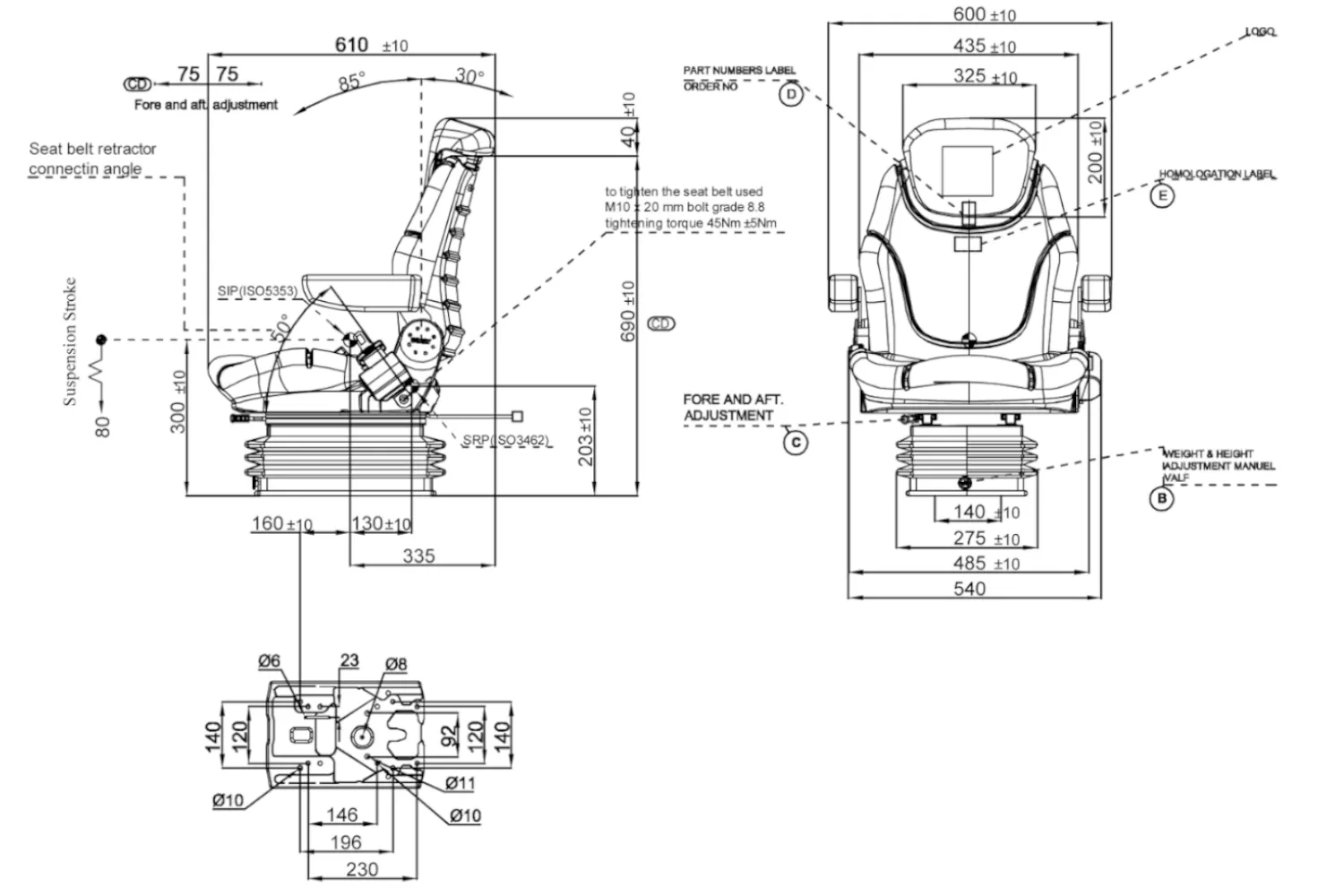 Scaun universal pentru utilaj agricol / forestier / industrial, pneumatic, reglabil # STplus TV2LX