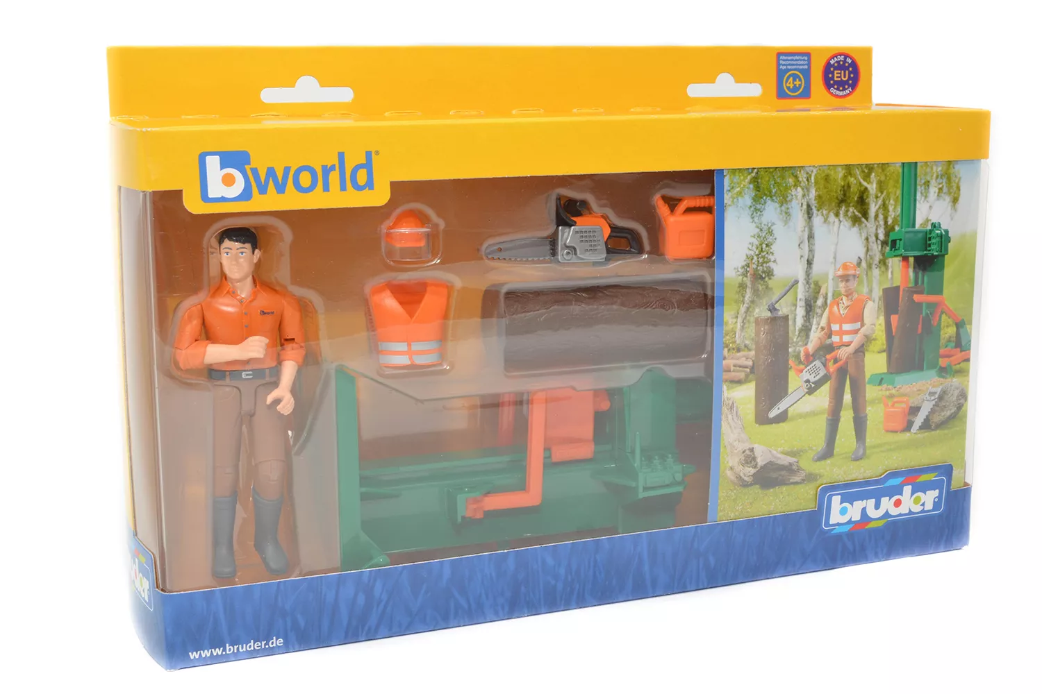 Jucarie Bruder, set forestier cu figurina barbat, despicator lemne, accesorii forestiere, 1:16 # 62650